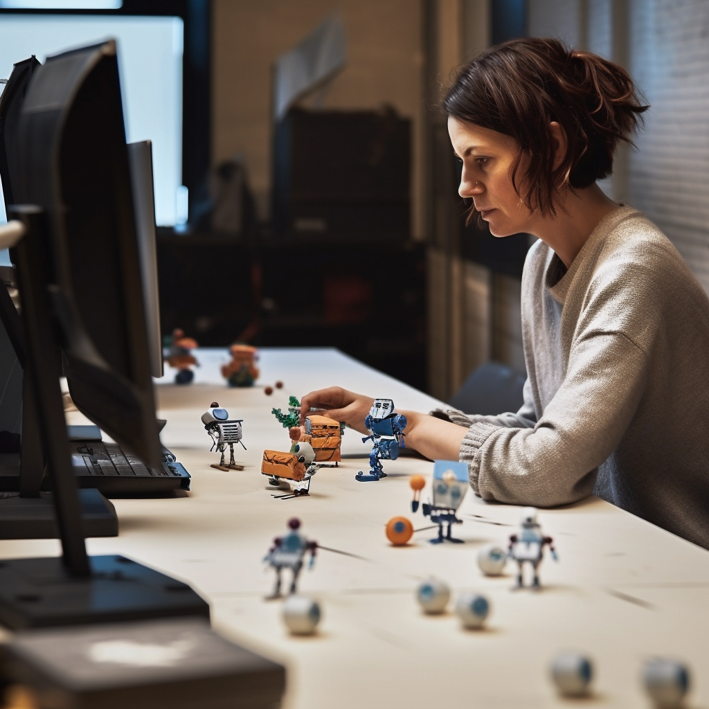 An AI generated image of a woman at a desk with miniature robots.