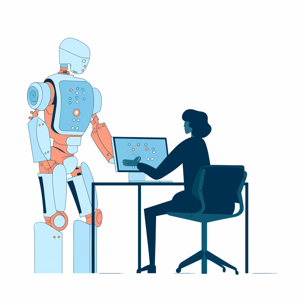 An AI generated drawn image of a woman at a desk with a robot standing beside her.