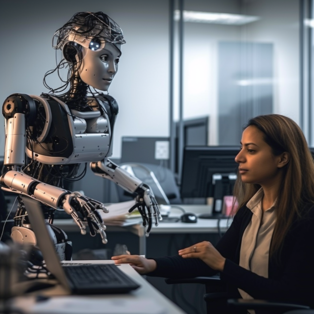 An AI generated image of a woman at a computer with a robot beside her.